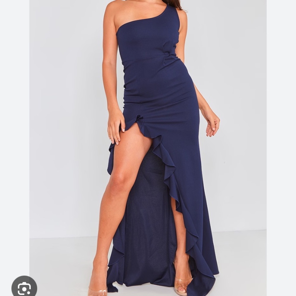 PRETTYLITTLETHING Navy One Shoulder Ruffle Hem Maxi Dress